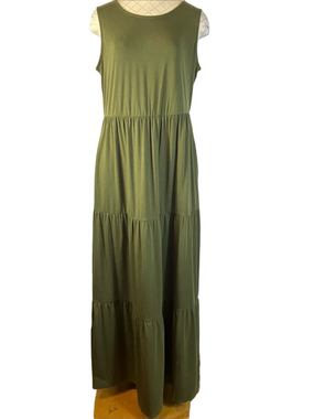 Pinup Fashion Sleeveless Tiered Stretch Green Maxi Dress With Pockets Size Large